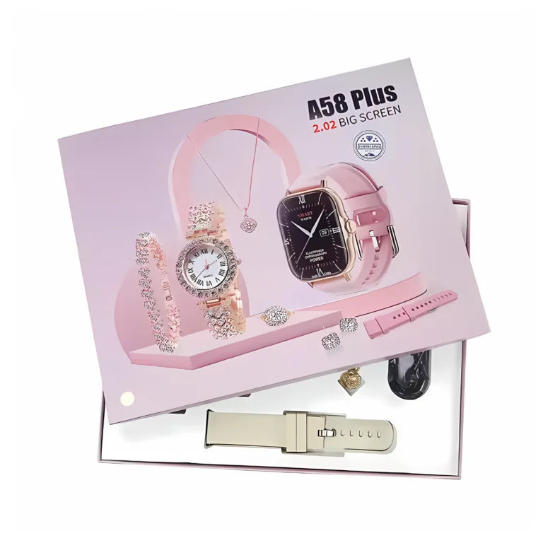 A58 Plus Smart Watch for Girls – 6-in-1 Straps Bundle (Pink)