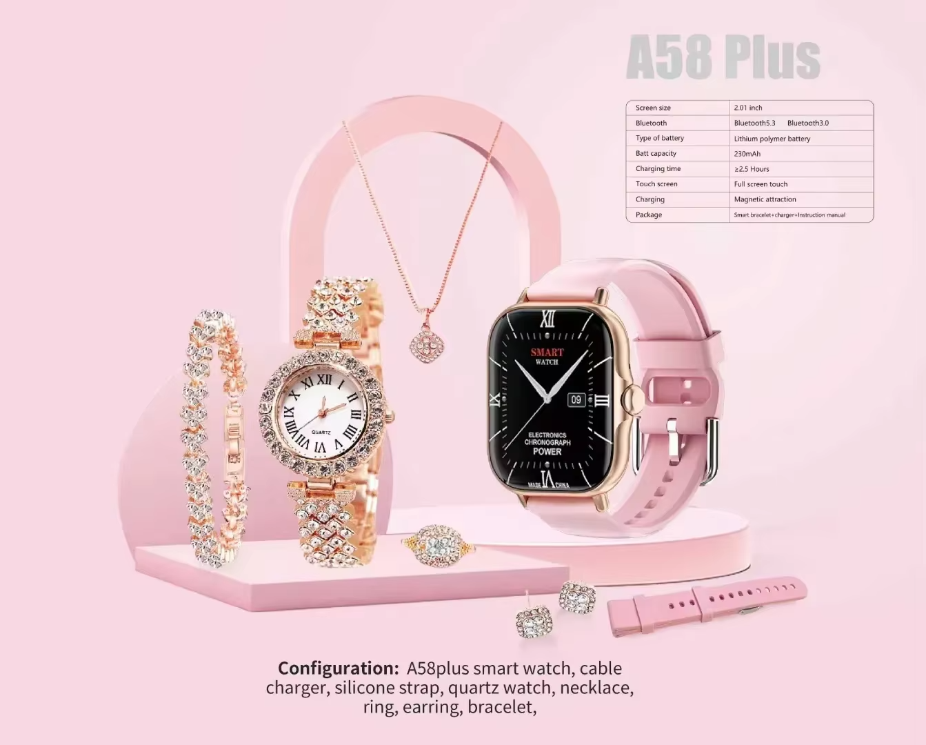 A58 Plus Smart Watch for Girls – 6-in-1 Straps Bundle (Pink)