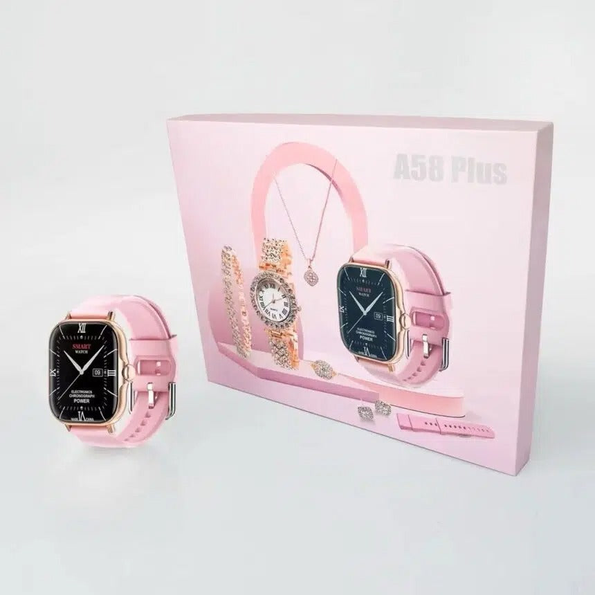 A58 Plus Smart Watch for Girls – 6-in-1 Straps Bundle (Pink)